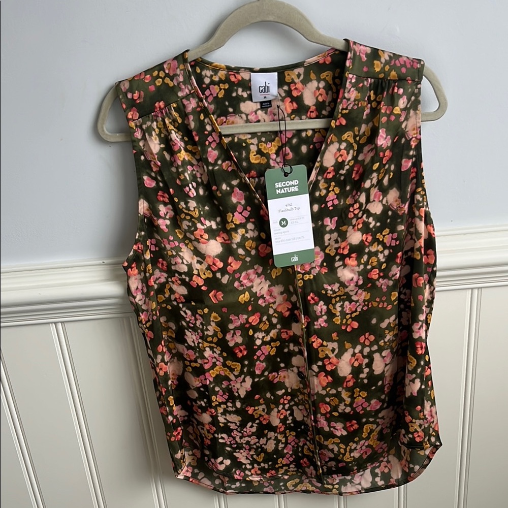 CAbi Floral Green and Pink Blouse with V-Neck